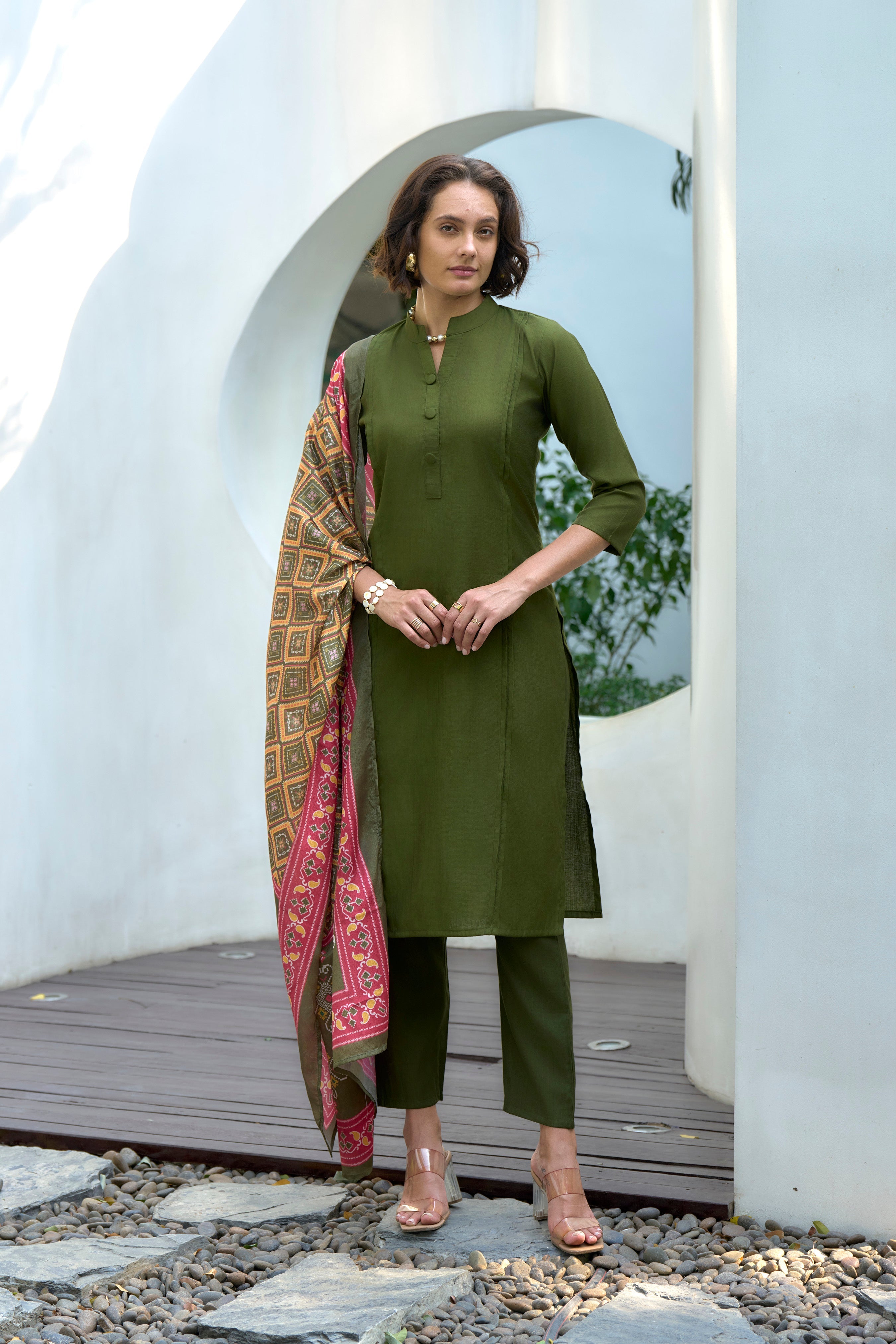 Mehandi Vatican Kurti Set with Chinnon Dupatta – 3/4 Sleeves